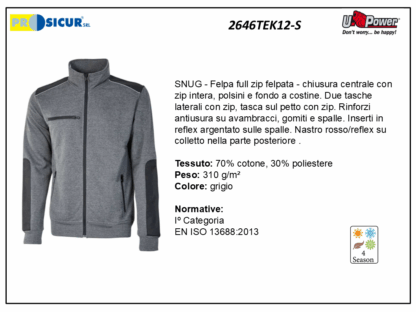 2646TEK12-S - Felpa 70%cotone 30%pes 310gr zip centrale grigio