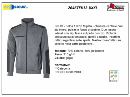 2646TEK12-XXXL - Felpa 70%cotone 30%pes 310gr zip centrale grigio