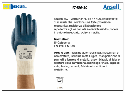 47400-10 - (Quantità per Confezione: 12 PA) - Guanto activarmr hylite riv. 3/4 nitrile polso a maglia