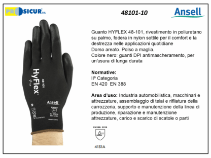 48101-10 - (Quantità per Confezione: 12 PA) - Guanto hyflex rivestimento pu palmo dorso areato