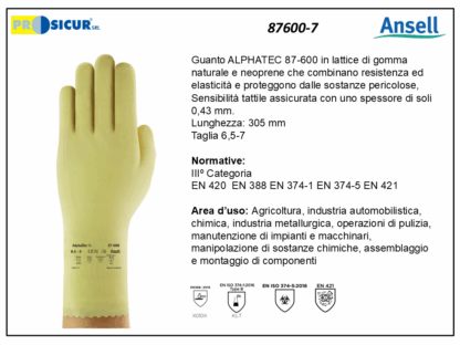 87600-7 - (Quantità per Confezione: 12 PA) - Guanto alphatec lattice gomma naturale e neoprene l305mm