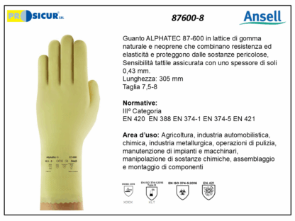 87600-8 - (Quantità per Confezione: 12 PA) - Guanto alphatec lattice gomma naturale e neoprene l305mm