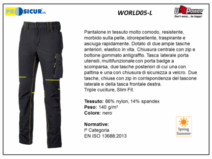 WORLD05-L - Pantalone nylon/spandex 140gr slim fit multitasca nero