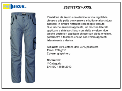 2624TEKGY-XXXL - Pantalone 60%cotone 40%pes multitasca grigo/nero