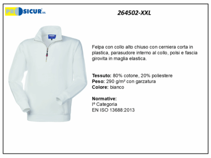 264502-XXL - Felpa 20% pes 80% cotone mezzazip bianco