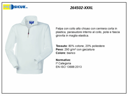 264502-XXXL - Felpa 20% pes 80% cotone mezzazip bianco