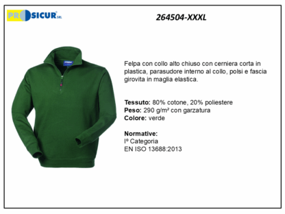 264504-XXXL - Felpa 20% pes 80% cotone mezzazip verde