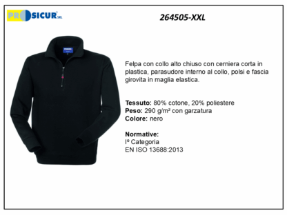 264505-XXL - Felpa 20% pes 80% cotone mezzazip nero