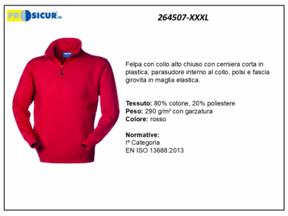 264507-XXXL - Felpa 20% pes 80% cotone mezzazip rosso