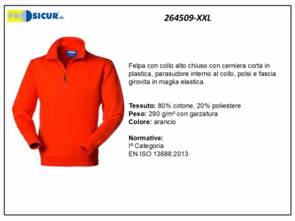 264509-XXL - Felpa 20% pes 80% cotone mezzazip arancio
