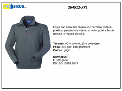 264512-XXL - Felpa 20% pes 80% cotone mezzazip grigio