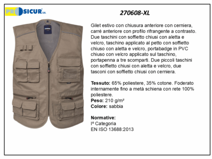 270608-XL - Gilet 35%cotone 65%poliestere scollo a v multitasca sabbia
