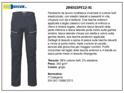 2845GSPE12-XL - Pantalone 98%cotone 2%elastaneinvernale multitasca grigio