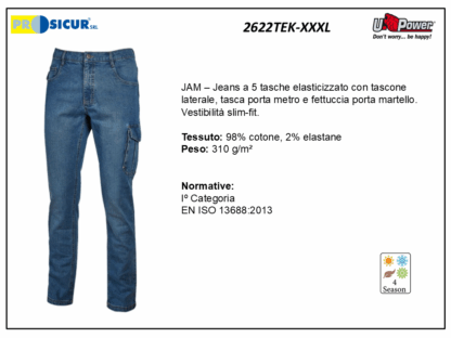 2622TEK-XXXL - Jeans 5 tasche elasticizzato tascone laterale e portametro