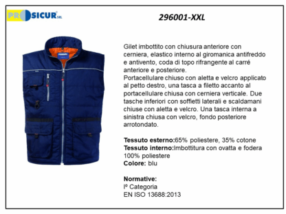 296001-XXL - Gilet 35%cotone 65%poliestere trapuntato multitasca blu
