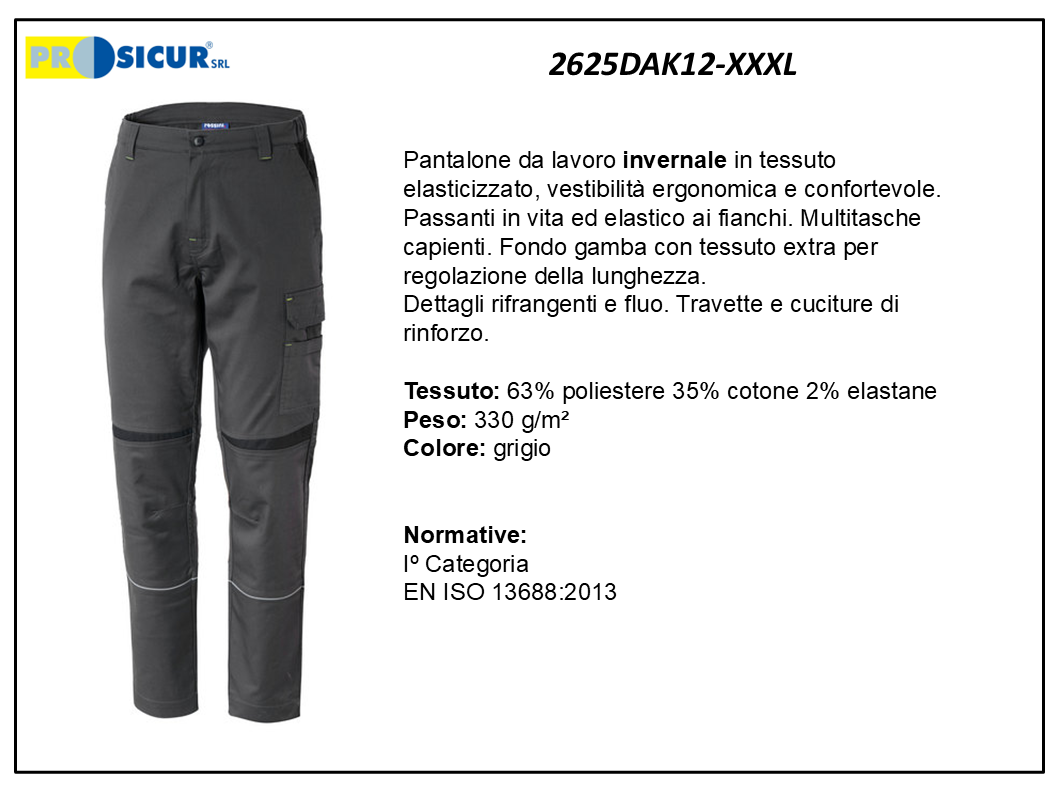 2625DAK12-XXXL - Pantalone 63%pes 35%cot.2%elasinvernale multitasche 330gr