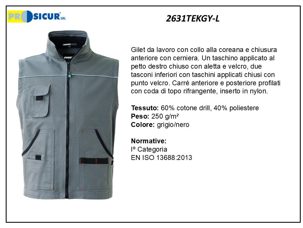 2631TEKGY-L - Gilet 60%cotone 40%poliestere multitasca grigio/nero