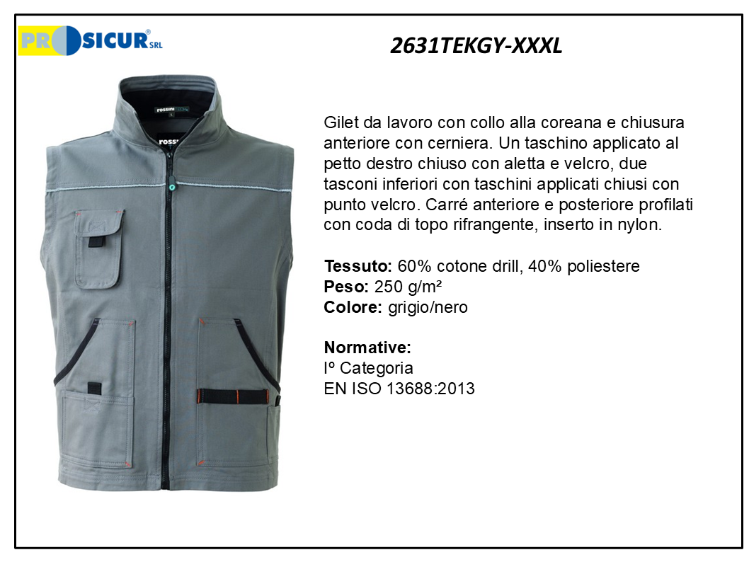 2631TEKGY-XXXL - Gilet 60%cotone 40%poliestere multitasca grigio/nero