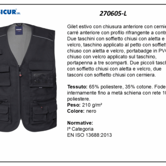 Gilet 35%cotone 65%poliestere scollo a v multitasca nero