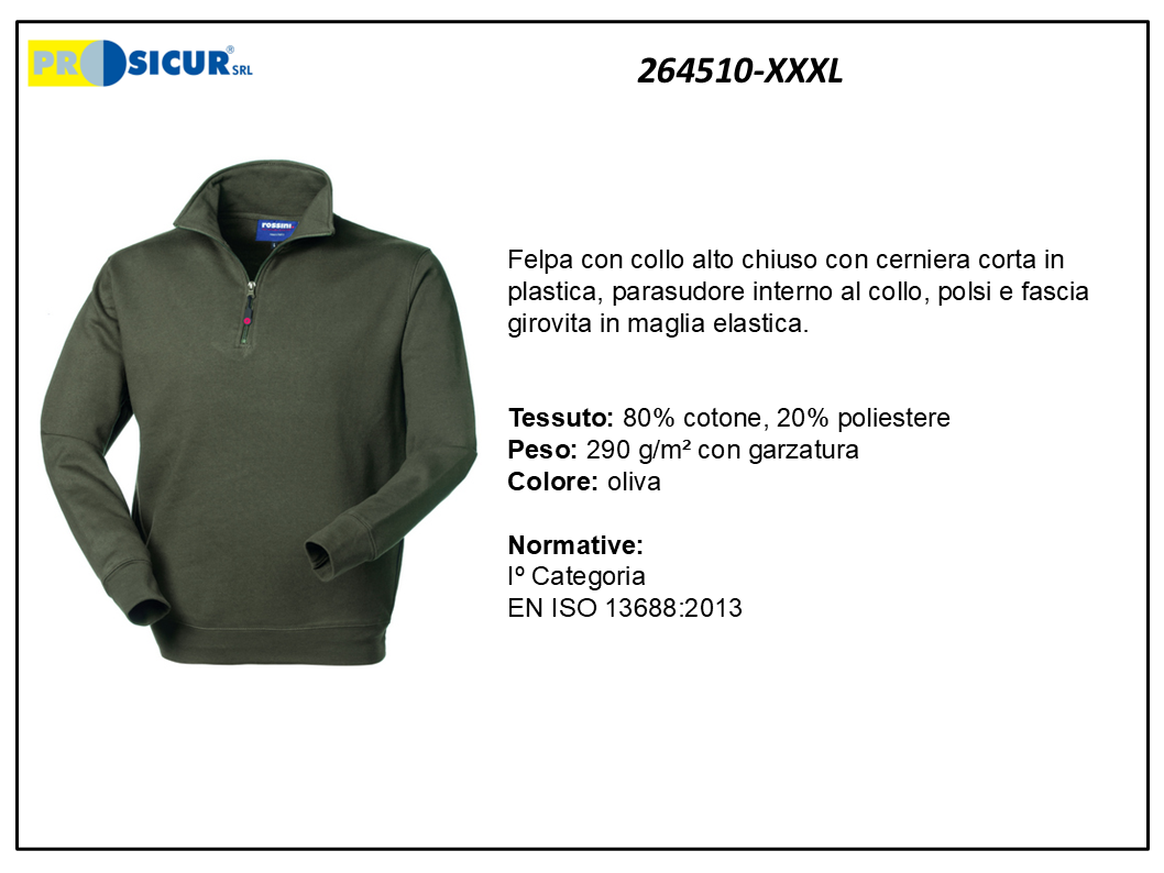 264510-XXXL - Felpa 20% pes 80% cotone mezzazip oliva