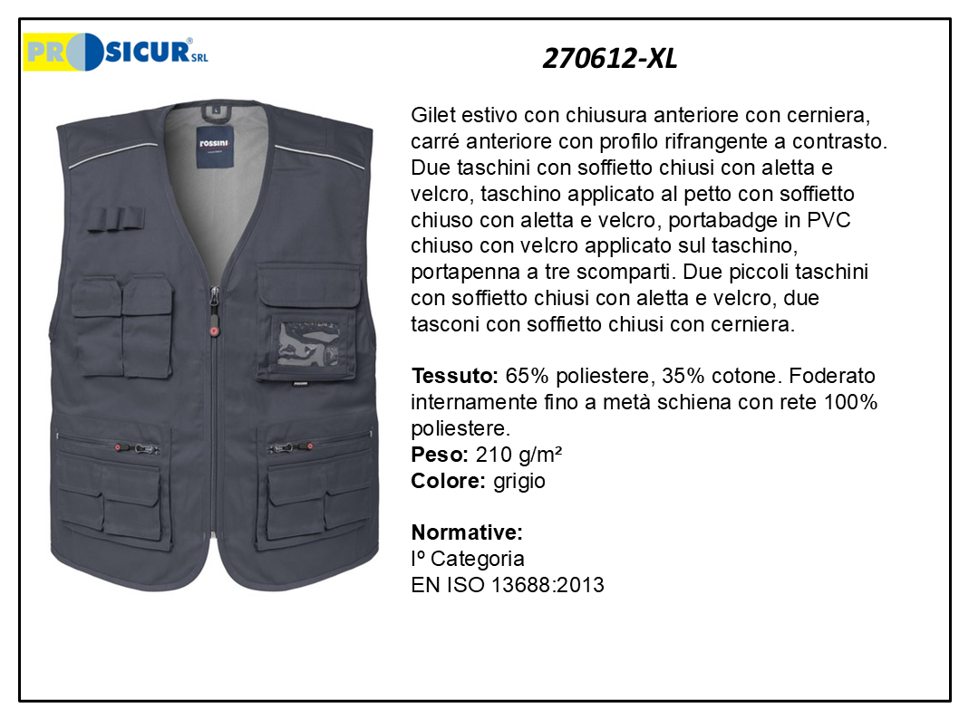 270612-XL - Gilet 35%cotone 65%poliestere scollo a v multitasca grigio