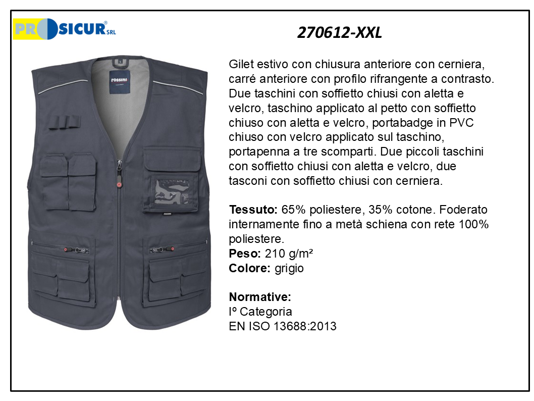 270612-XXL - Gilet 35%cotone 65%poliestere scollo a v multitasca grigio
