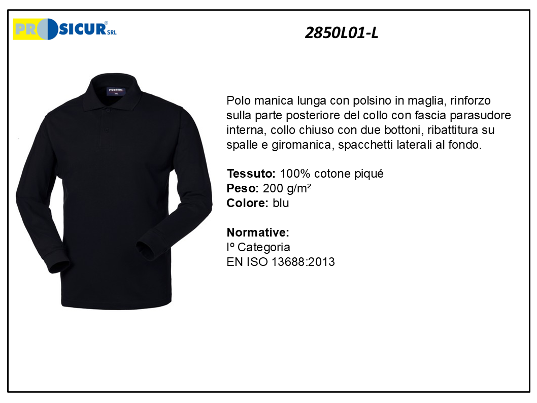 2850L01-L - Polo 100% cotone pique manica lunga blu