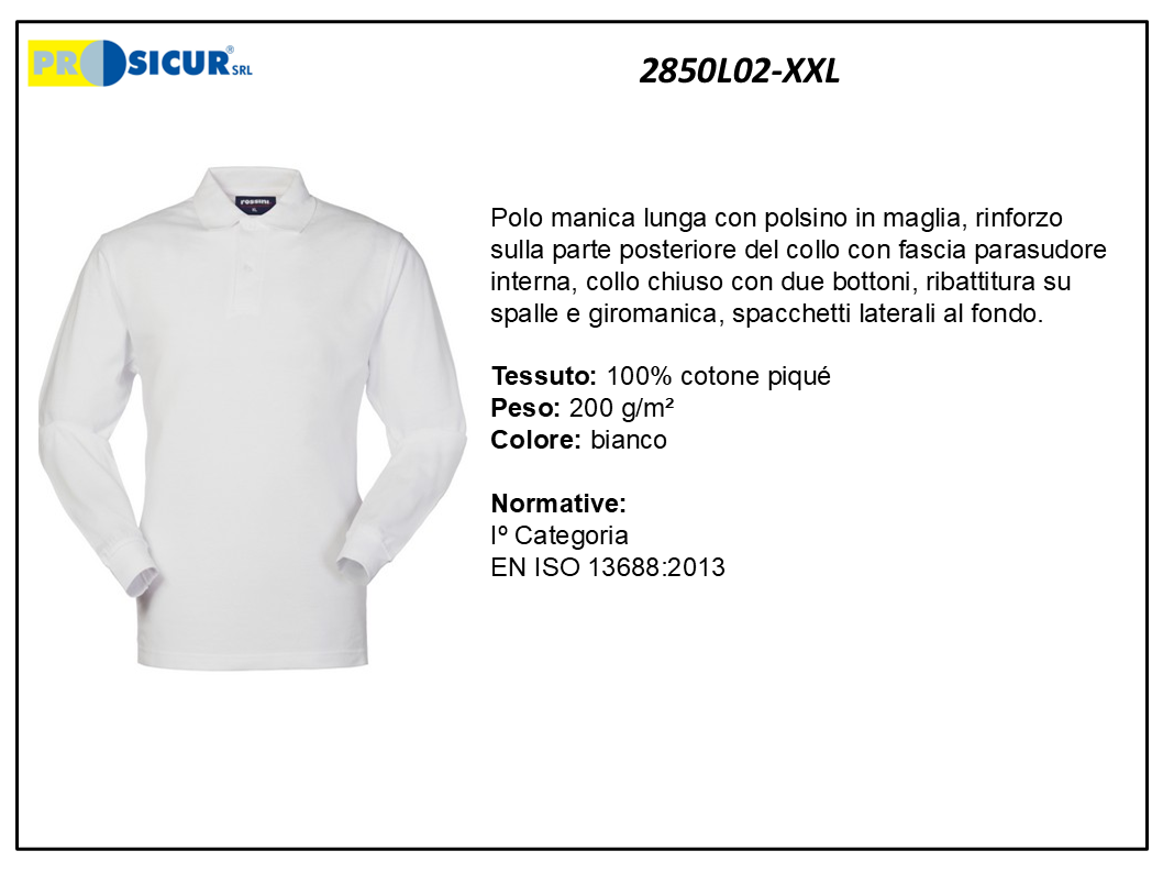 2850L02-XXL - Polo 100% cotone pique manica lunga bianco
