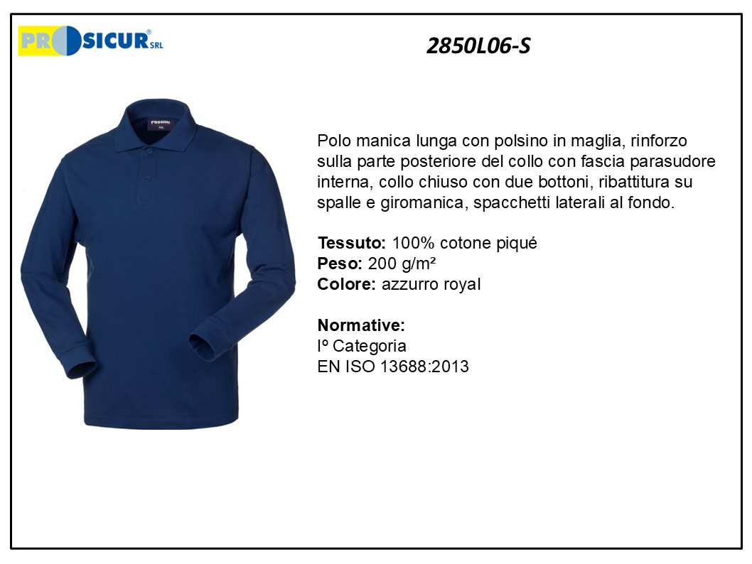 2850L06-S - Polo 100% cotone pique manica lunga royal