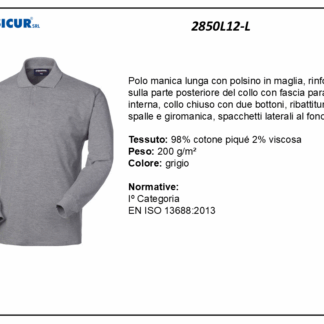 2850L12-L - Polo 100% cotone pique manica lunga grigio