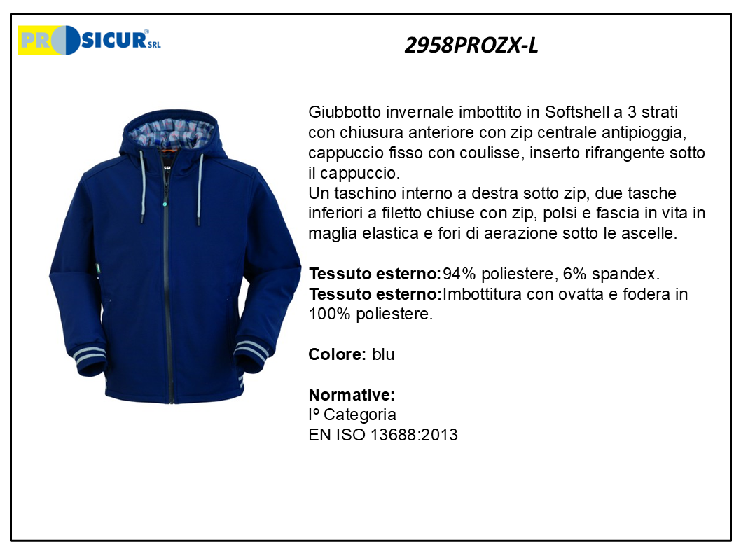 2958PROZX-L - Giubbotto 94%polies.6% spandeximbottito c/cappuccio blu/nero
