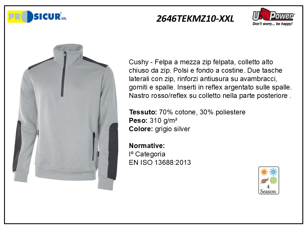 2646TEKMZ10-XXL - Felpa 70%cotone 30%pes 310gr mezza zip grigio silver