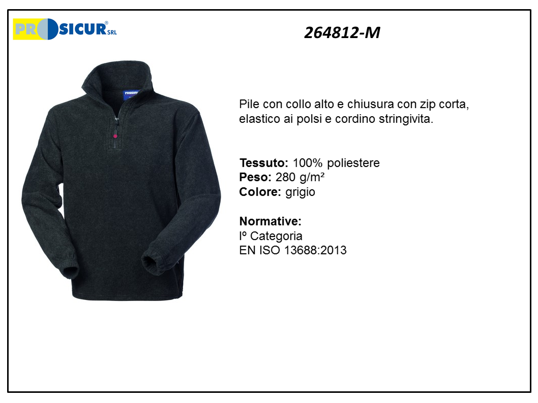 264812-M - Pile 100% poliestere collo alto zip corta grigio