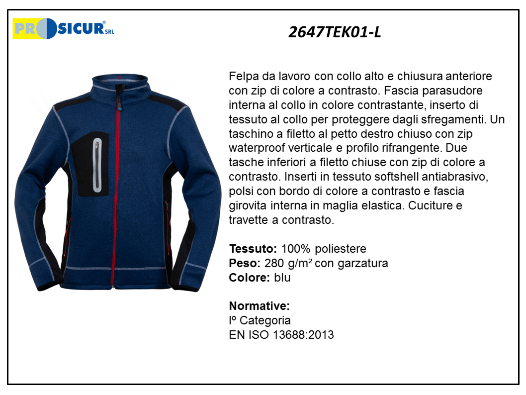 2647TEK01-L - Felpa 100%poliestre cuciture a contrasto 280gr blu