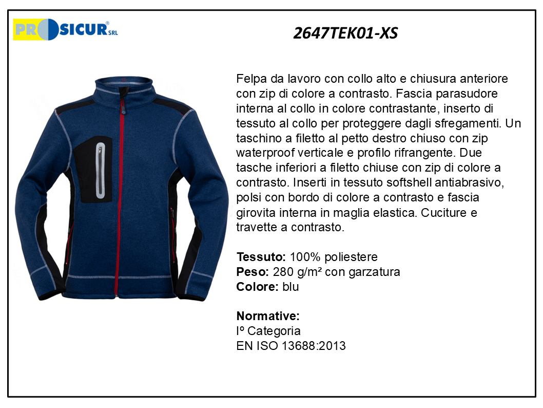 2647TEK01-XS - Felpa 100%poliestre cuciture a contrasto 280gr blu
