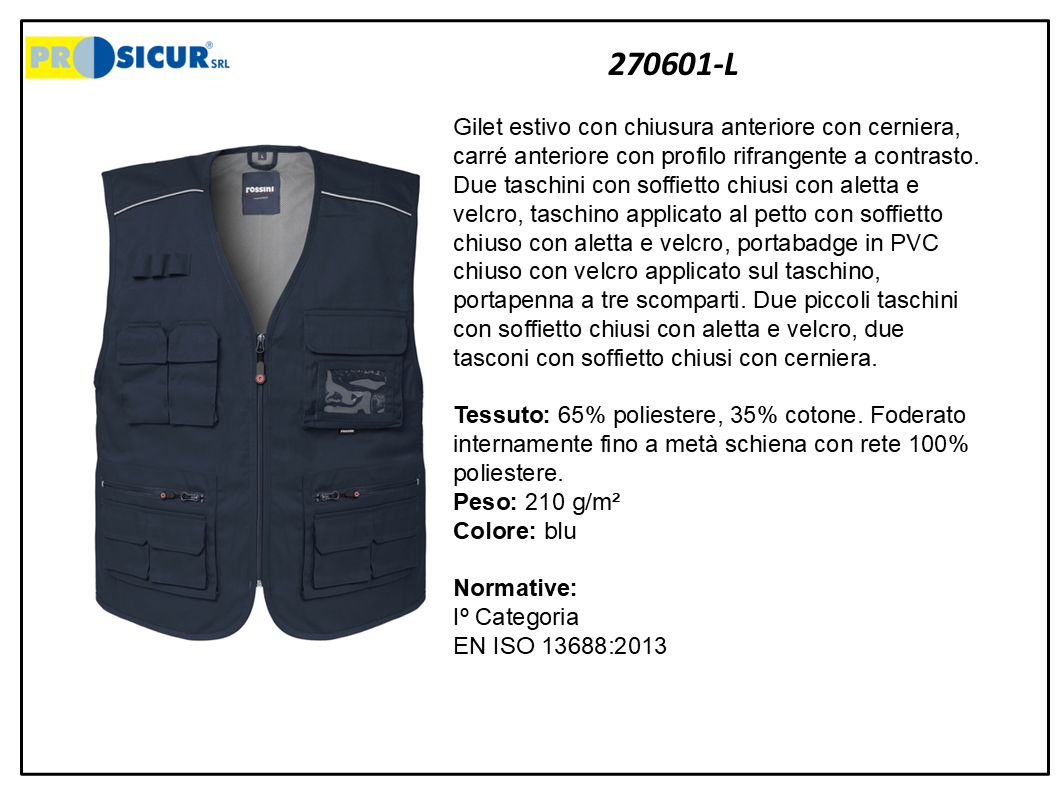 270601-L - Gilet 35%cotone 65%poliestere scollo a v multitasca blu