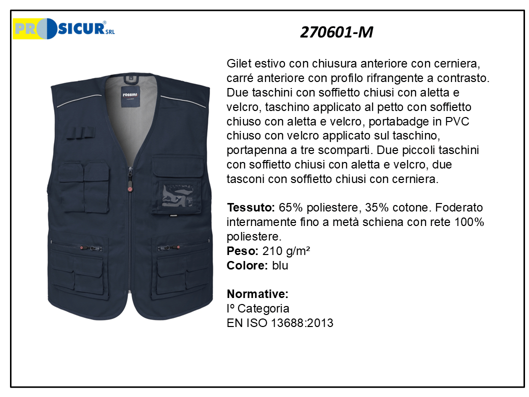 270601-M - Gilet 35%cotone 65%poliestere scollo a v multitasca blu