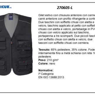 270605-L - Gilet 35%cotone 65%poliestere scollo a v multitasca nero