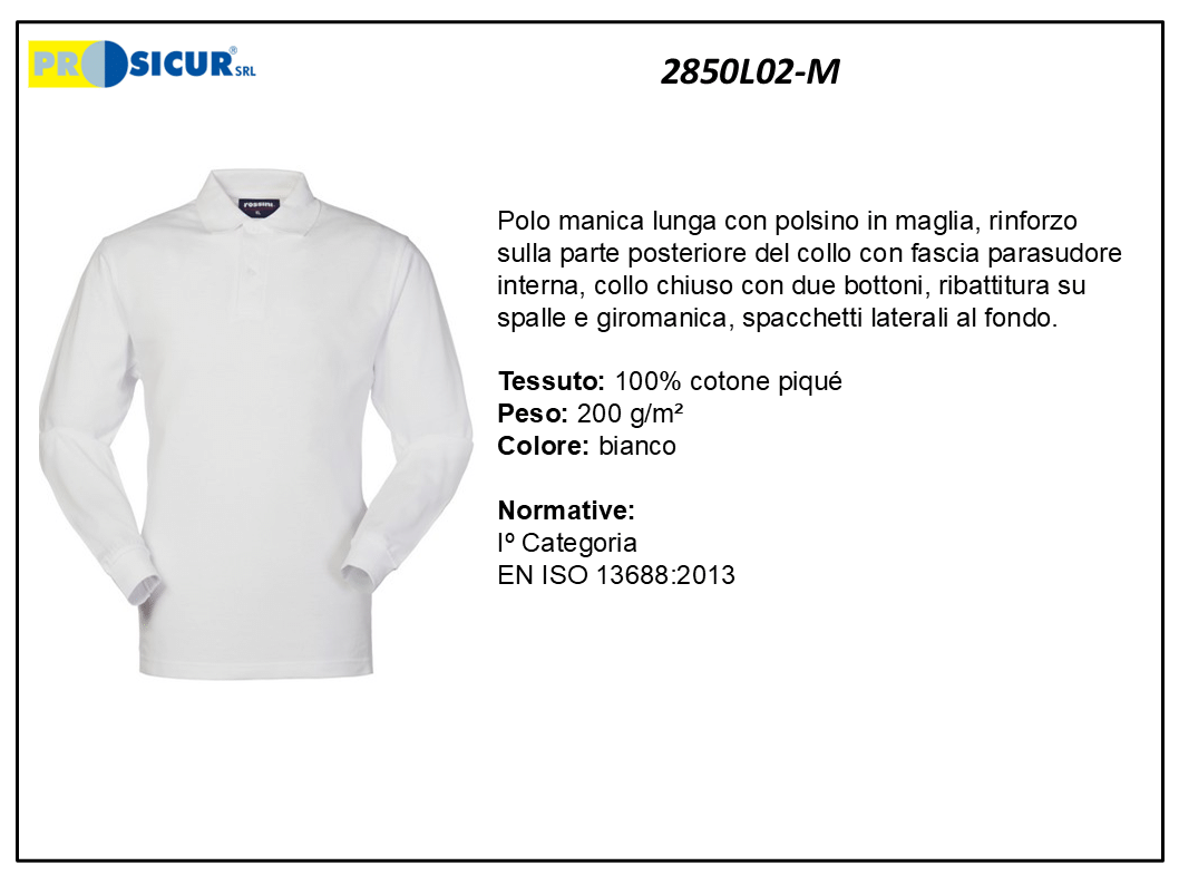 2850L02-M - Polo 100% cotone pique manica lunga bianco