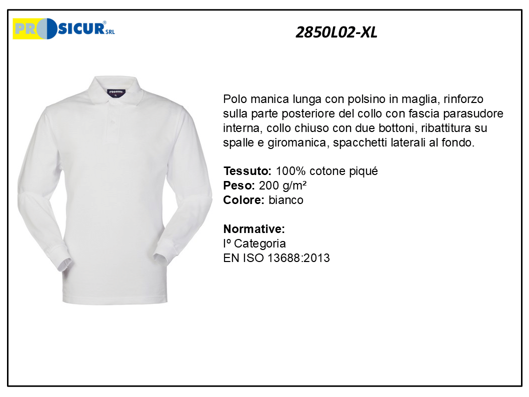 2850L02-XL - Polo 100% cotone pique manica lunga bianco