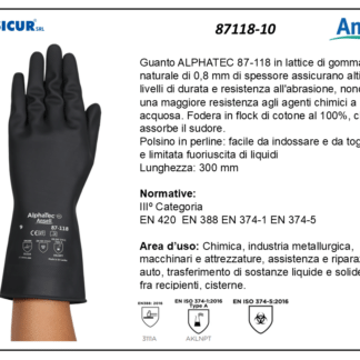 87118-10 - (Quantit&agrave; per Confezione: 12 PA) - Guanto alphatec lattice gomma naturale foderato l300mm